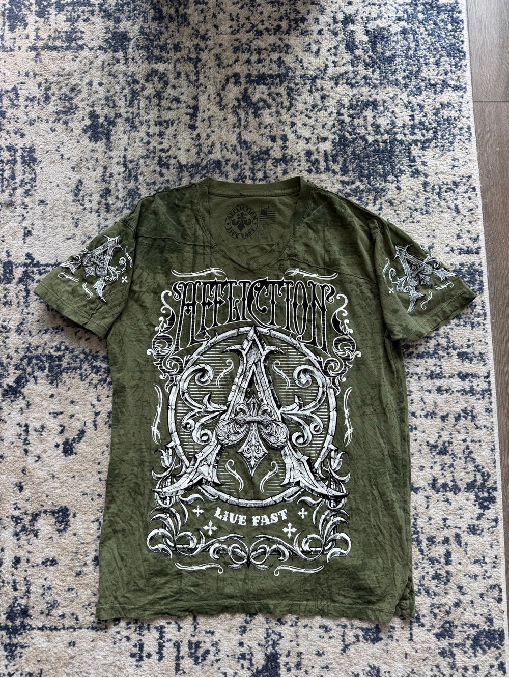 2000s Affliction Olive Green Graphic V-Neck Tee with White Front Design